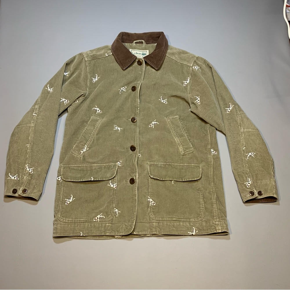 Women’s LL Bean Green Corduroy Barn Chore Coat Jacket W Hunting Dogs Large RARE!